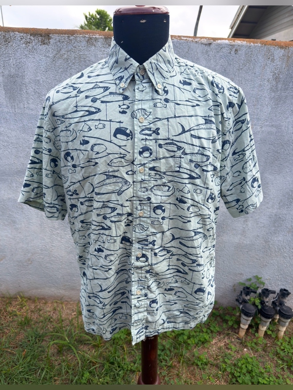 PreOwned Reyn Spooner  Green/Blue Hawaiian Print Full Button Men's Medium